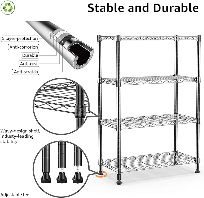 M MZG 1000 lbs Storage Shelving Steel Heavy Duty 4-Tier Utility Shelving Unit Steel Organizer Wire Rack for Home,Kitchen,Office (13.7" D x 29.5" W x 47.2" H)
