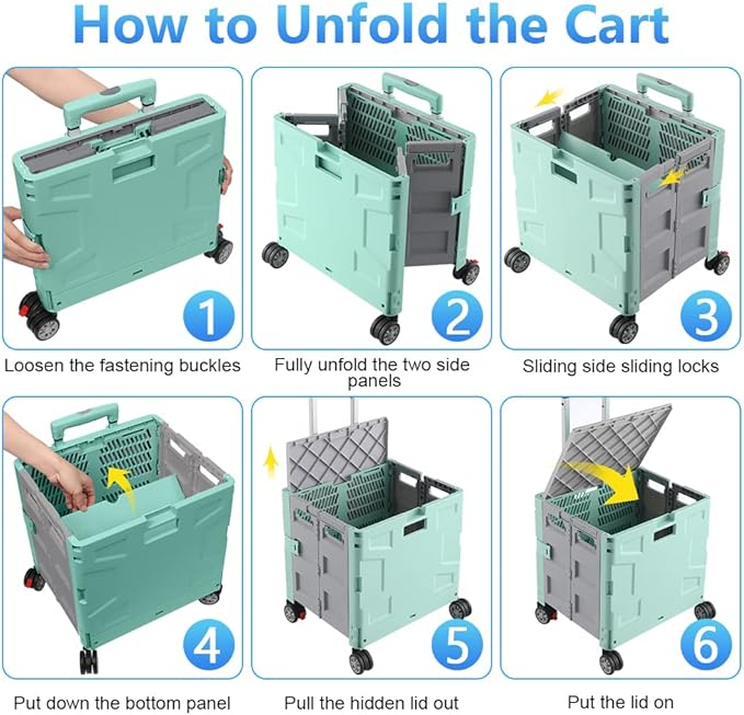 Foldable Shopping Utility Cart Portable Rolling Crate Handcart with 360°Rotate Wheel,Hidden Lid,Telescoping Handle Collapsible for Travel Shopping Moving Storage Office Use(Green/Gray)
