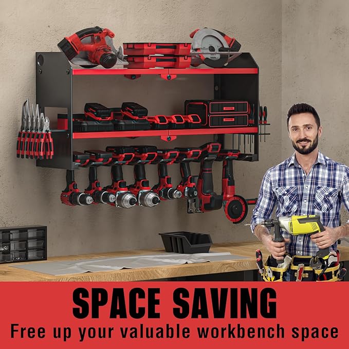 YYR Heavy Duty 6-Level Lumber Storage Rack - Orange & 32 Inch 8 Slots Power Tool Organizer Wall Mount