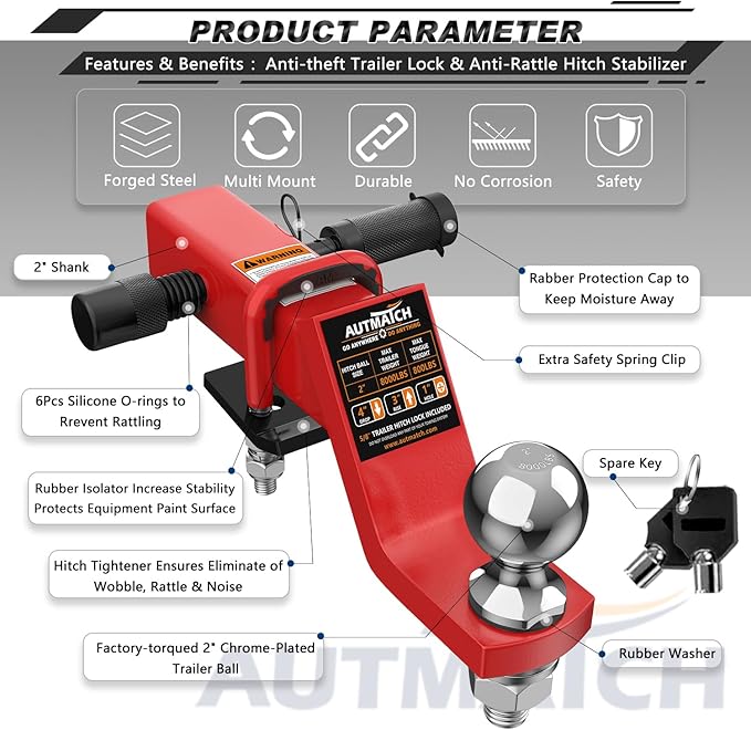 AUTMATCH Trailer Hitch Ball Mount with 2 Inch Hitch Ball - Fits 2" Receiver with Hitch Tightener, 8000Lbs Capacity Ball Hitch, 4-Inch Drop with 5/8" Hitch Lock Pin, Red