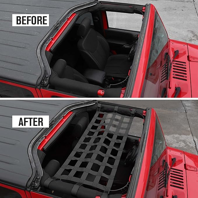 JeCar Mesh Roof Cargo Net Upgrade Roof Hammock Exterior Accessories Compatible with Jeep Wrangler 1987-2023 YJ TJ LJ JK JKU JL JLU JT, Black