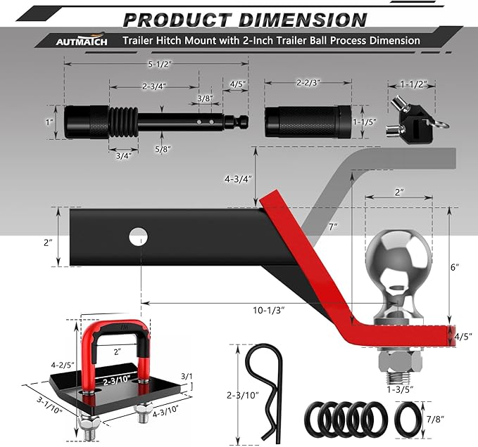 AUTMATCH Trailer Hitch Ball Mount with 2 Inch Hitch Ball - Fits 2" Receiver with Hitch Tightener, 8000Lbs Capacity Ball Hitch, 6-Inch Drop with 5/8" Hitch Lock Pin, Red & Black