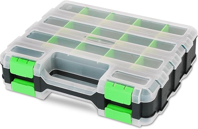 Small Parts Organizer | Storage Case Tools Box 34-Compartments Double Side Organizer Box with Removable Dividers for Small Hardware, Screws, Bolts, Nuts, Nails, Beads (Green)