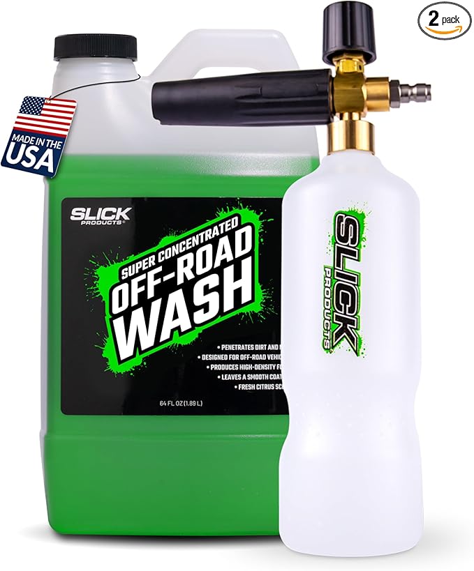 Slick Products Off-Road Wash (64 oz.) + Pressure Washer Foam Cannon Bundle – Super Concentrated ATV, UTV, Dirt Bike, Jeep & Truck Wash Foam Shampoo for Heavy Mud and Dirt