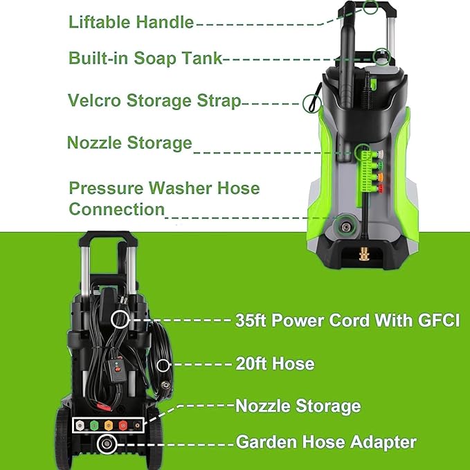 5000PSI Pressure Washer 4.0GPM High Power Washer with M22-14mm Pressure Hose 33FT,Powerwashers with 1/4" QC Compatible Surface Cleaner, 5 Nozzle and Soap Bottle for Home,Car,Patio (Green)