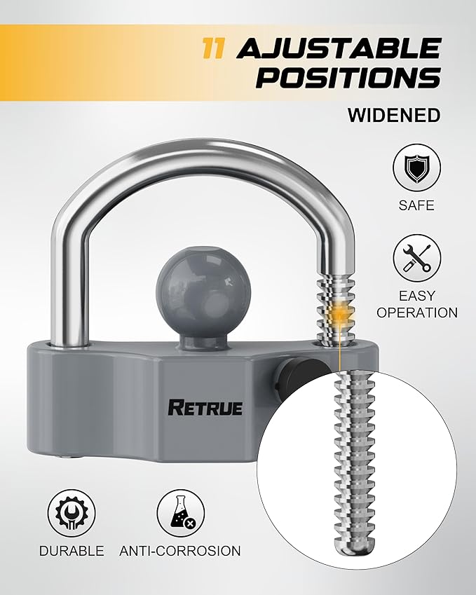 RETRUE Heavy-Duty Universal Widened Coupler Lock Fits 2-5/16 Inch Trailer Ball Locks Hitch Trailer Hitch Lock Adjustable Security Steel Fits 1-7/8 Inch, 2 Inch, 2-5/16 Inch Couplers, Upgraded Gray