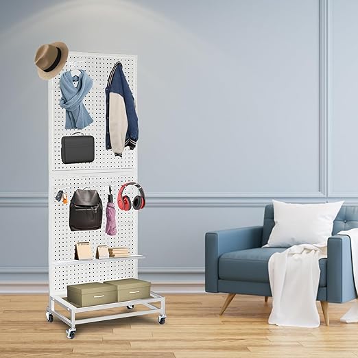 NectaCol Metal Pegboard Display Stand with Base Plate, Two Separately Pegboard Panels, 2'x 5' Standing Pegboard Display with four Wheels, Peg Board Display Rack, Extra 30 pieces Hooks (White)