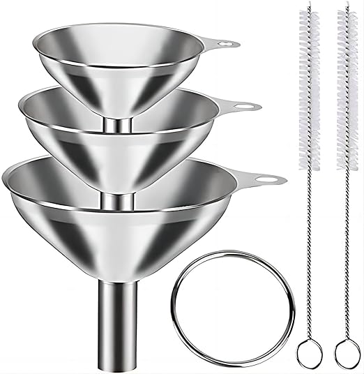 3 in 1 Metal Funnels for Filling Bottles Stainless Steel Small Kitchen Funnel Set for Transferring Essential Oils Liquid Fluid Spice Dry Ingredients Powder, Durable (‎Short-Handled Funnel)