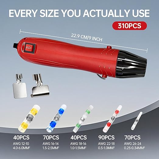 310PCS Solder Seal Wire Connectors Kit with Dual Temp Heat Gun, Heat Shrink Solder Butt Connectors Waterproof Electrical Terminals for Automotive Marine Boat RV Wiring Repair (310, RED)