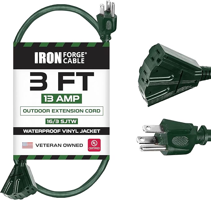 Iron Forge Cable 3ft Green Outdoor Extension Cord with 3 Outlets - 16/3 SJTW 3ft Green Extension Cord 3 Prong, 13 Amp All-Weather Heavy Duty Power Cable