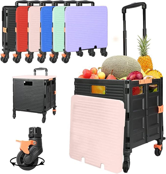 SELORSS Foldable Utility Cart Collapsible Crate Rolling Carts Handcart Trolley Tool Box Basket 4 360°Noiseless Wheels Lid Telescoping Handle for Shop Grocery Luggage Move Office School Teacher (Pink