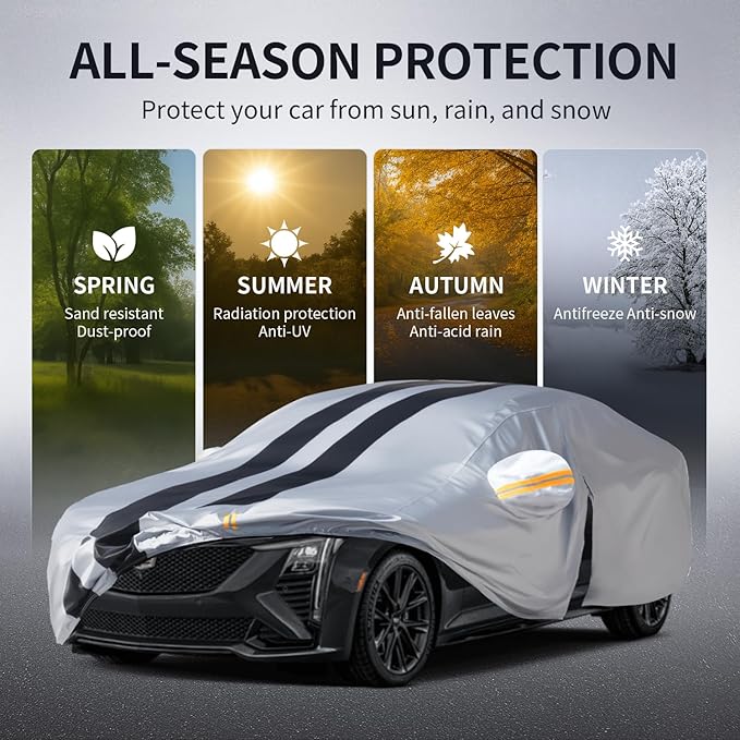 Multi-Layer Car Cover Custom Fit for Cadillac CT5(2019-2026), 100% Waterproof All Weather for Automobiles, Gift with Towel, Heavy Duty Car Covers for Rain Sun UV Protection with Door Zipper