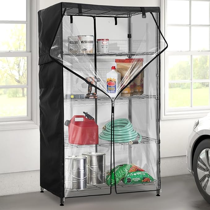 Wire Shelf Cover,600D Heavy Duty 100% Waterproof Shelf Covers for Wire Shelving,Outdoor Storage Shelves Cover for Metal Rack,48" W x 18" D x 82" H,Black with Clear Front