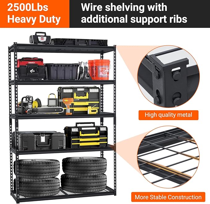 Towallmark Heavy Duty Storage Shelves 48 * 18in, 5 Tier Garage Storage Shelving, Adjustable Metal Storage Shelf Unit, Easy Assemble Garage Storage Shelving