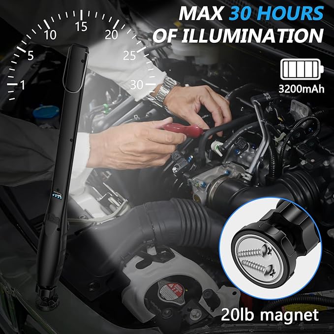 LED Work Light, 800 Lumens Rechargeable COB Work Light with Power Capacity Indicator, Magnetic Base& Hook, 360°Swivel, for Car Repair, Home, Garage, Emergency and Outdoor Camping, 3200mAh