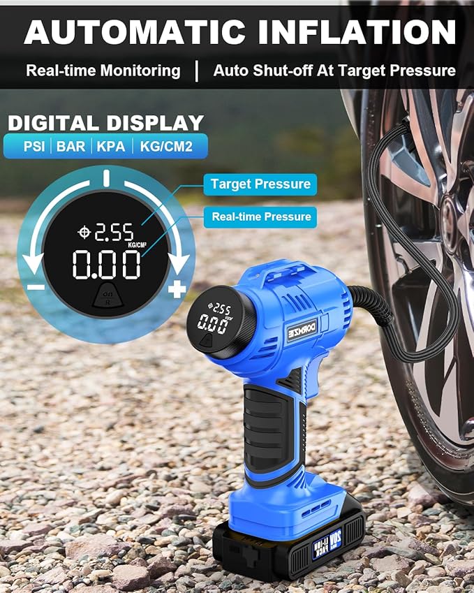 DORMZIE Cordless Tire Inflator Portable Air Compressor, 150 PSI Handheld Air Pump for Car Tires with 20V Rechargeable Battery, 12V Car Power Adapter, Digital Display, Ball, Motorcycle, Bike Pump