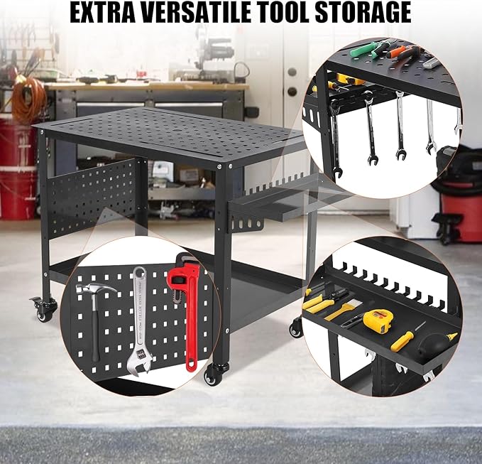 36x24 Steel Welding Table,1200 Lb Portable Welding Fixture Table for Shop,Rolling Welding Table with 5/8" Holes for Shop Garage (Black, with Tool Tray)