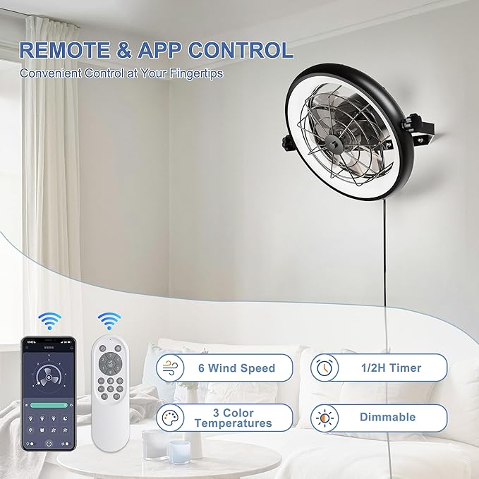 16" Wall Mounted Fan Indoor, Quiet 6 Speed Wall Mount Fan with Remote, Light and Timer, 360° Adjustable Tilt Plug in Wall Fan for Garage, Bedroom, Kitchen, Living Room, Greenhouse, Patio