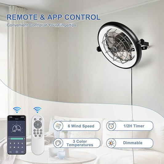 16" Wall Mounted Fan Indoor, Quiet 6 Speed Wall Mount Fan with Remote, Light and Timer, 360° Adjustable Tilt Plug in Wall Fan for Garage, Bedroom, Kitchen, Living Room, Greenhouse, Patio