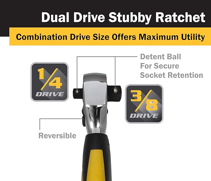 Titan 11050 1/4-Inch and 3/8-Inch Dual Drive x 5-1/2-Inch 72-Tooth Dual Head Stubby Ratchet