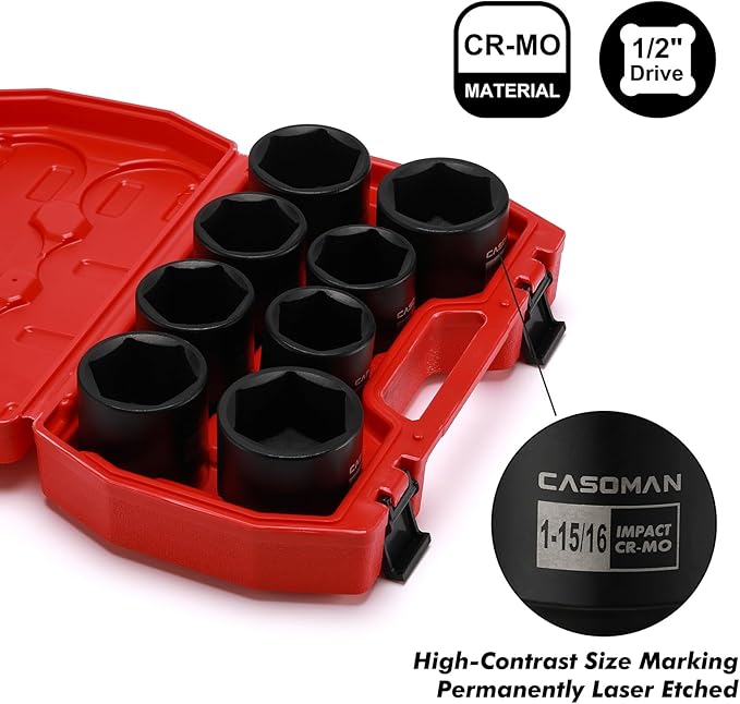 CASOMAN 1/2-Inch Drive Shallow Spindle Axle Nut Impact Socket Set,1-9/16" to 2", 6-Point, SAE, CR-MO, 8 Piece 1/2" Heavy Duty Impact Socket Set