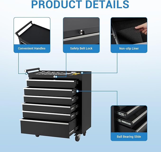 GarveeLife 6-Drawer Tool Box 24" Garage Tool Box with Key Lock and Removable Drawer Liners, Wheeled Design, Suitable for Garages, Warehouses, Workshops, and Repair Shops - Black