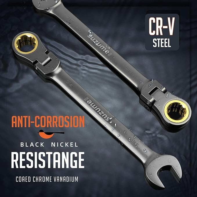 SUZUME 7/16” Flex Head Ratcheting Wrench SAE 72 Teeth Cr-V Steel with 180° Flexible Head 15K+ Cycle Locked Gears Black Nickel Coating