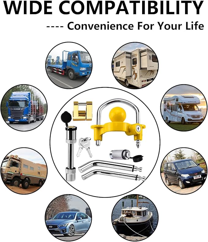Funmit Trailer Hitch Security Lock Set Including Yellow U-Shaped Universal Ball Hitch Lock, 1/2" and 5/8" Receiver Hitch Pin Lock, Golden Trailer Hitch Lock Coupler Locking Pin, Share the Same 2 Keys