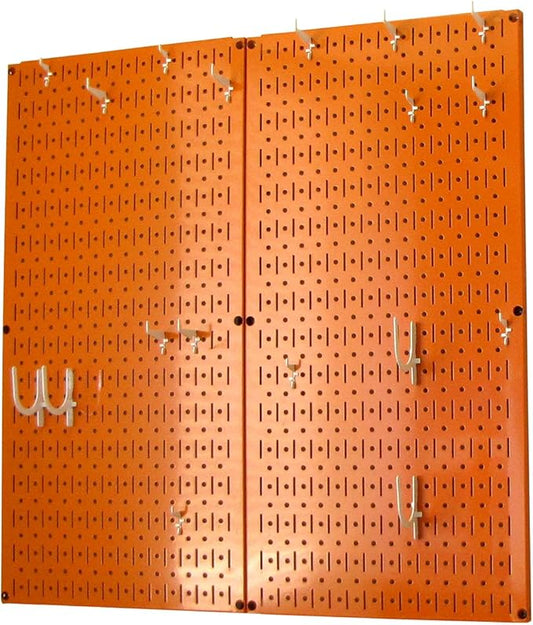 Wall Control Kitchen Pegboard Organizer Pots and Pans Storage Rack Organization Kit with Orange Pegboard and White Accessories