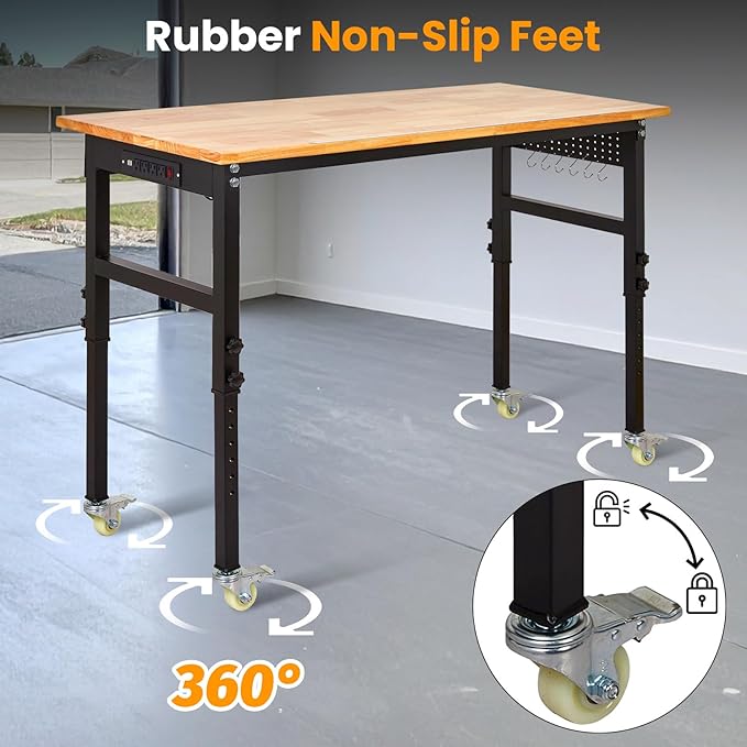 60" x 24" Heavy Duty Workbench with ETL Power Outlet, 8-Level Height Adjustment (29.5"-39.4"), Rubberwood Top with 2000 Lbs Capacity, for Garage/Workshop/Home Office, Metal Casters & Pegboard