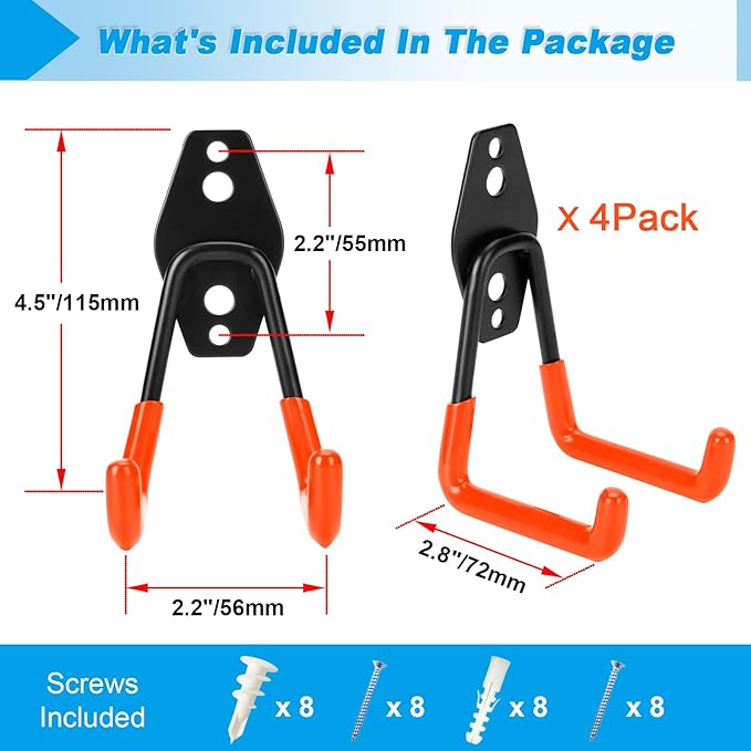 4 Pack Garage Hooks Heavy Duty - Supports 100 lbs, Utility Steel Garage Hanger & Organizer for Organizing Garden Lawn Tools, Ladders, Garden Hose, Digging Shovel, Bikes, Ropes (Orange)