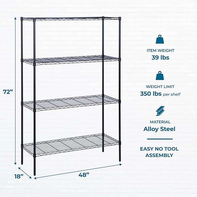 Honey-Can-Do 4-Tier Heavy-Duty Adjustable Shelves, Metal Storage Rack with 350-lb Shelf Capacity, Black, 18" W x 48" L x 72" H