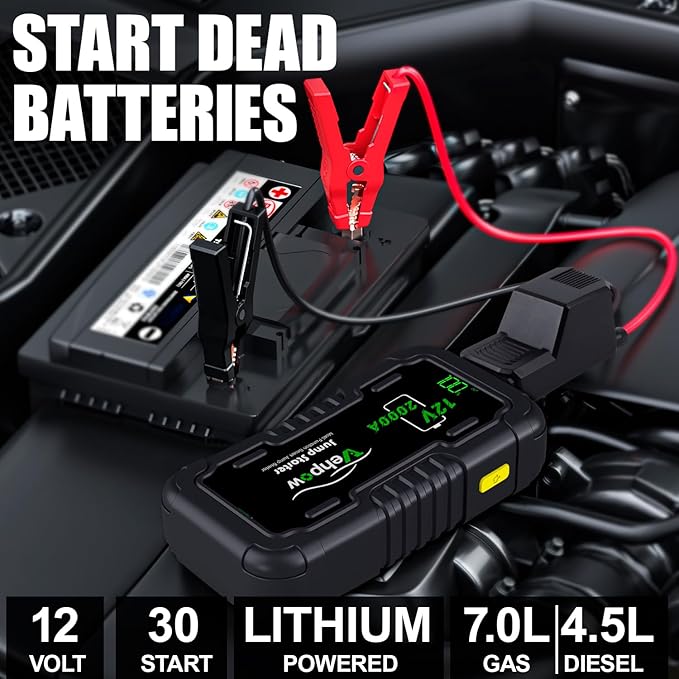 2000A Jump Starter, Car Battery Jump Starter - 12V Lithium Booster Pack, 20000mAh Portable Jump Box, Power Bank & Emergency LED Light, Jumper Cables - for 8.0L Gas and 6.0L Diesel Engines