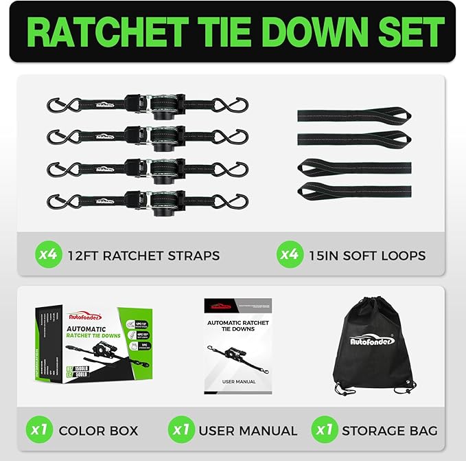 Retractable Ratchet Straps (4 Pack) -(1,500lb Break Strength) -1 Inch x 12 Feet Heavy Duty Auto Self Retracting Tie Down Straps (Black-Green)
