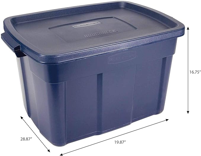 Rubbermaid Roughneck Tote 25 Gal, 4 Pack, Made in USA, Dark Indigo Metallic, Rugged Plastic Stackable Storage Bins with Lids and Handles
