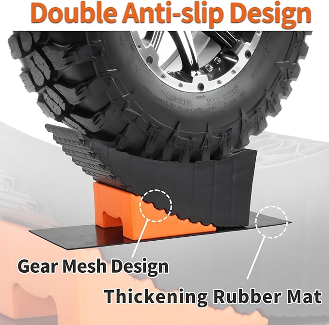 OULEME Raised Tire Change Ramp, Curved Leveling Blocks, for RV Camper Trailer Tire Lifts up to 6" with Wheel Chock, Rubber Pad, Dual Axle Tandem Wheel Aid (1 Pack)
