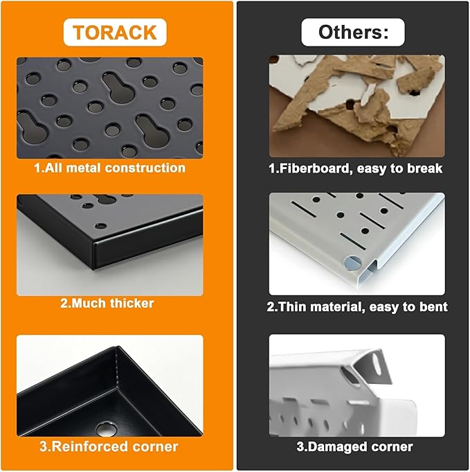 TORACK Metal Pegboard Wall Organizer for Garage, 109PCS Pegboard Accessories Organizer Kit with Pegboard Bins, Hooks, Peg Locks, Pegboard Storage System for Workbench, Garage, Shop, Shed(Black)