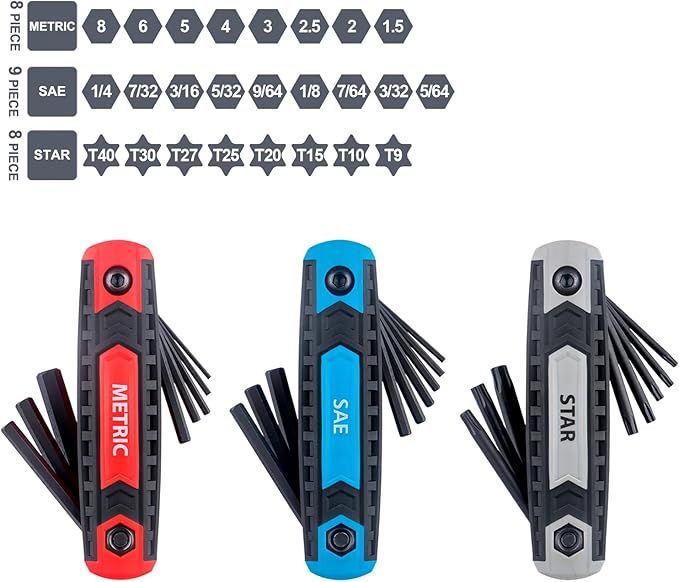 25-Piece Complete Folding Hex Key Wrench Set, Metric 1.5mm - 8mm, SAE 5/64” - 1/4”, Star T9 - T40 | Cr-V Steel, Precise and Chamfered Tips | 3 Pack All-Purpose Portable and Compact Allen Wrench Tools