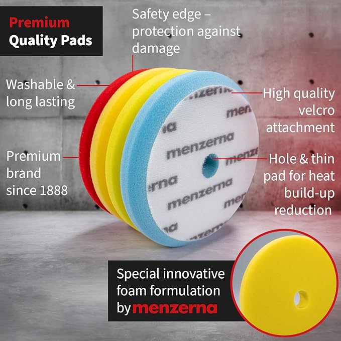 MENZERNA 4 Pcs 6 Inch Premium Polishing Pad Kit I Scratch Repair, Fine Polishing, Shine & Sealing I Body Repair Buffing & Polishing Pads with Safety Edge & Velcro Attachment I Washable & Long Lasting