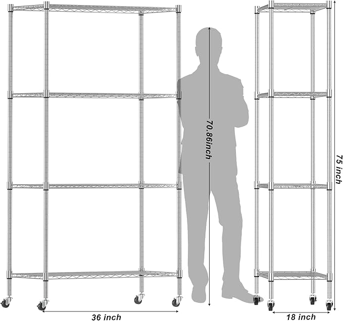 Homdox Heavy Duty 4-Tier Metal Shelving Unit with Adjustable Shelves, Rolling Storage Rack for Kitchen, Garage, Pantry, 36.02"x17.91"x74.41", Silver