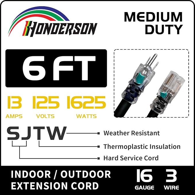 Indoor Outdoor Extension Cord Weatherproof with Lighted End, UL Certified, 16 Gauge 6FT Black 3 Prong Heavy Duty, 16/3 SJTW 13A Power Cord for Outdoor Lights, Lawn