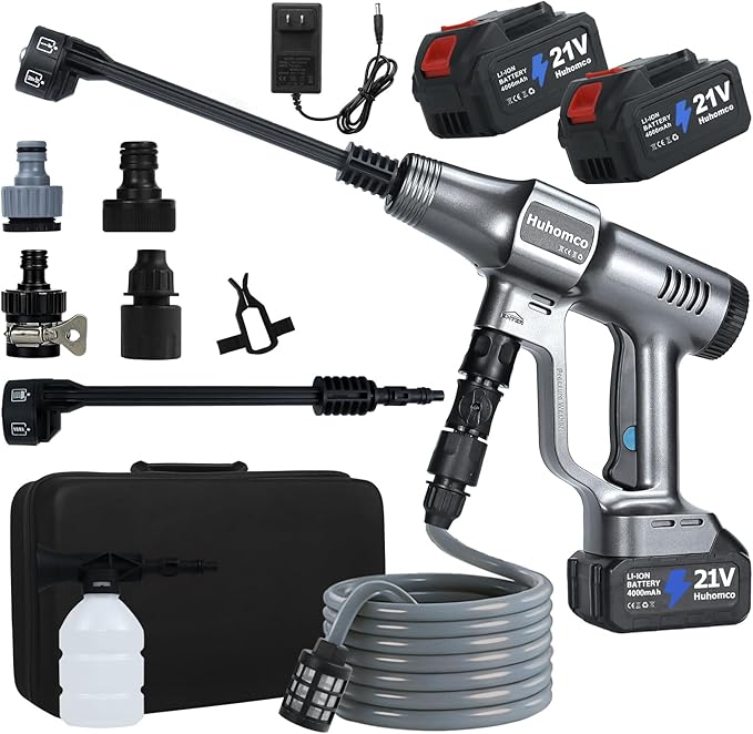 Cordless Pressure Washer Battery Powered; 1200PSI Cordless Power Washer with 6-in-1 Nozzle, 16.4FT Kink-Free Hose, 2×4.0Ah Batteries; Portable Power Wash for Home Car Garden Patio (Gray)