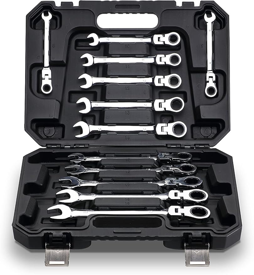 FLZOSPER 12-Piece Flexible Head Ratcheting Wrench Set，Metric Combination Spanner Kit, 8-19mm Chrome Vanadium Steel Ratchet Wrench Set with Portable Suspended Toolbox