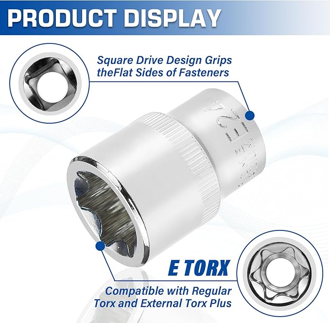 14-Piece Female E-Torx Socket Set, E4-E24 External Star Sockets, 1/4" 3/8" 1/2" Drive, High-Strength Cr-V Steel, Compatible with Regular & E-Torx Plus, Automotive Repair Tool Kit with Storage Case