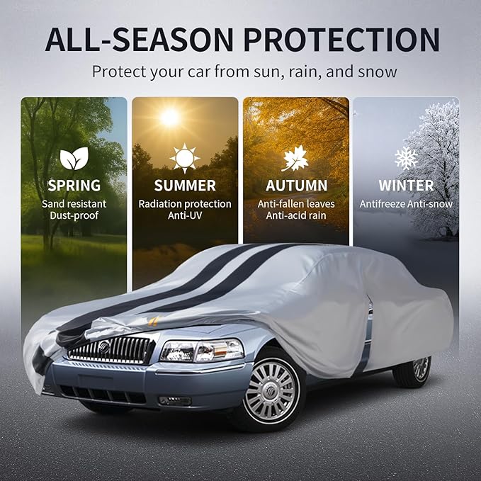 Multi-Layer Car Cover Custom Fit for Mercury(Grand) Marqui(1983-2011), 100% Waterproof All Weather for Automobiles, Gift with Towel, Heavy Duty Car Covers for Rain Sun UV Protection with Door Zipper.