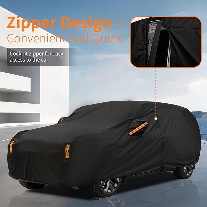 Waterproof Car Cover All-Weather, Heavy-Duty Outdoor Full Exterior Automobiles Snow Cover for SUV 182-190 inch with Sun Visor,Zippered & Storage Bag - Black