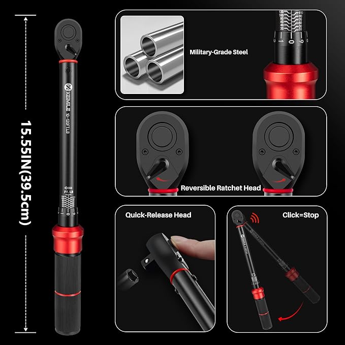 3/8-Inch Drive Click Torque Wrench - 10-120 Ft-Lb/13.6-162.6Nm, Dual-Direction Adjustable 72 Tooth Torque Wrench with Dual Range Scales, High 3% Precision for Bike, Motorcycle and Car Repair