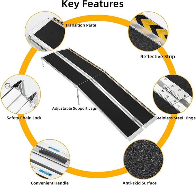 10 FT Portable Wheelchair Ramp for Home Step, Aluminum Handicap Ramp with Support Legs,Non-Skid Surface and Reflective Strips,Weight Capacity 600 LBS