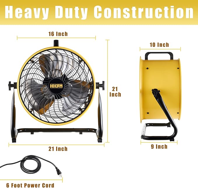 HiCFM 16" High-velocity Drum Air Circulator Fan 2800 CFM Large Airflow Turbo Shop Floor Fan with 360-degree Pivoting Head, 3-speed 1/4 HP Motor