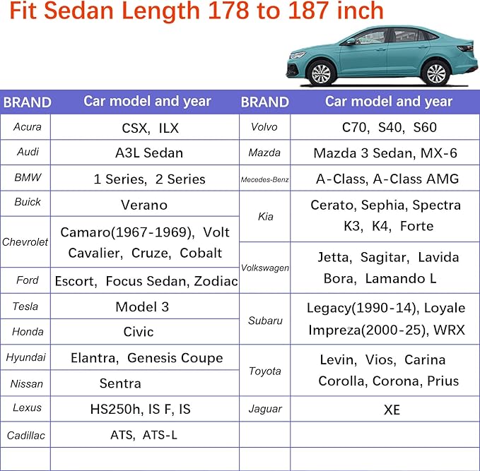 Car Cover Waterproof All Weather Tear-Resistant, Durable and Sun-Protective, Suitable for NissanSentra, Honda Civic, Kia K3/K4, Toyota Corolla, Hyundai Elantra, Fit Sedan Length (178-186 inch)